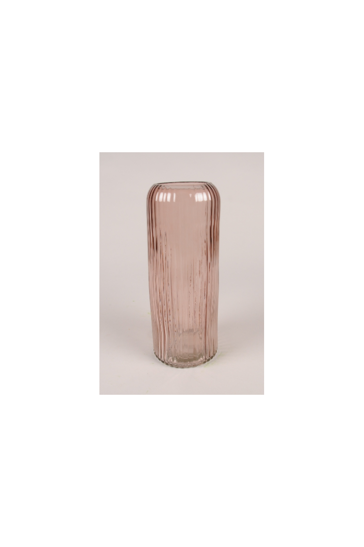 Vase en verre strié rose clair D10cm H25cm